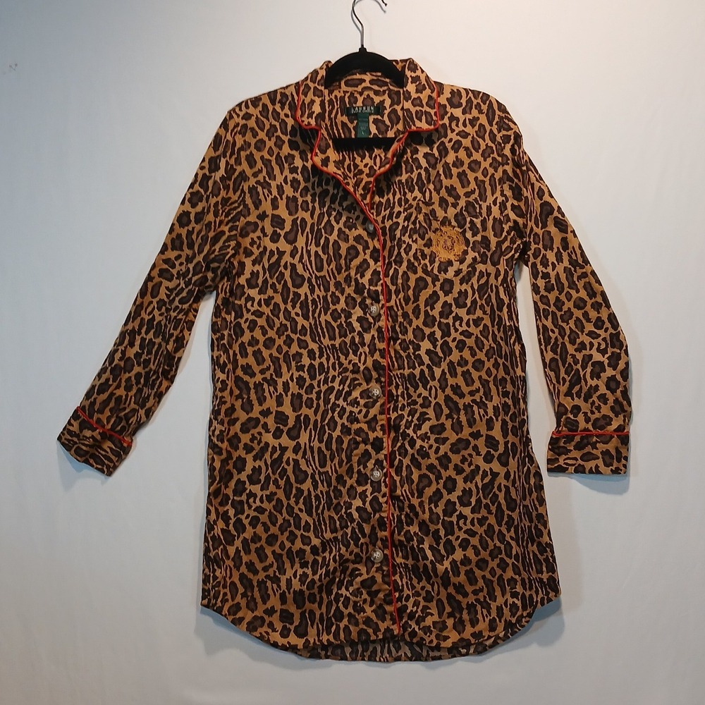 Lauren Ralph Lauren L leopard 100% cotton shirt preppy classic soft sleepwear